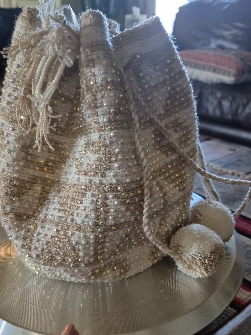 Wayuu Mochilas Bag Austrian Crystal Embellishments Sz.12"× 9"×7" 18"drop.